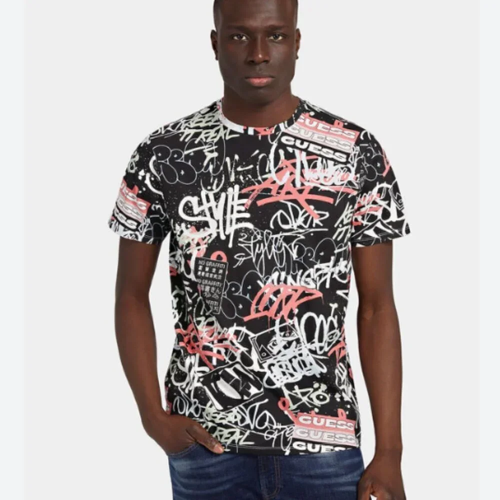 New T-shirt GUESS ECO Black color with stripes slim fit.